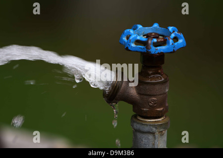 La pulvérisation de l'eau de robinet extérieur avec poignée bleue Banque D'Images