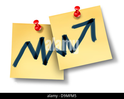 La croissance et l'expansion comme un dessin d'une flèche graphique financier qui monte à bureau note avec punaises rouges sur un mur comme un concept d'entreprise des possibilités d'investissement et la planification de futurs bénéfices sur blanc. Banque D'Images