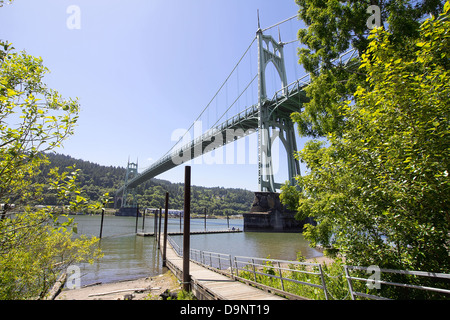 Pont St Johns avec Dock Bateau de pêche sur la rivière Willamette sur un ciel bleu clair Jour Banque D'Images