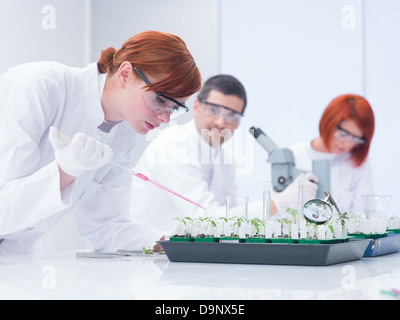 Close-up d'un élève dans un laboratoire de chimie faisant des expériences sur des plantes sous la supervision d'un enseignant et d'un autre élève à l'arrière Banque D'Images