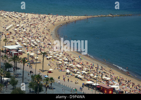 Vue aérienne de la foule sur la plage bondée, Barcelone, Espagne Banque D'Images