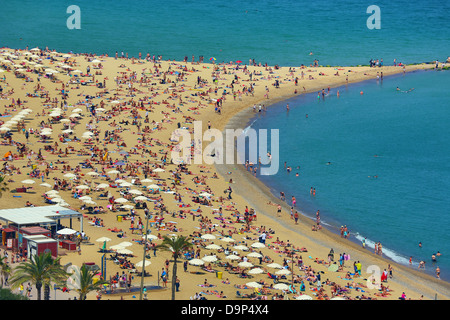 Vue aérienne de la foule sur la plage bondée, Barcelone, Espagne Banque D'Images