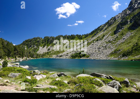 Vue d'été du lac de montagne dans les Pyrénées Banque D'Images