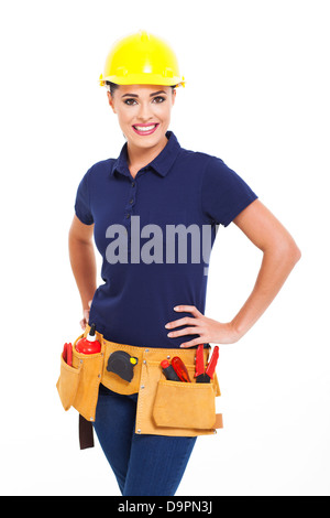 Femme entrepreneur de construction portrait isolated on white Banque D'Images