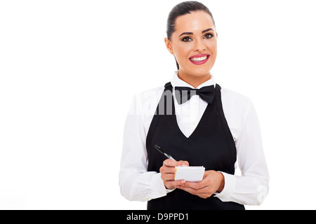 Friendly waitress commande client avec le bloc-notes Banque D'Images