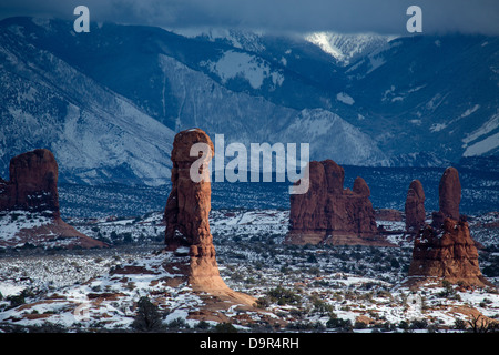 Rock piles dans la section Windows avec au-delà de Montagnes La Sal, Arches National Park, Utah, USA Banque D'Images