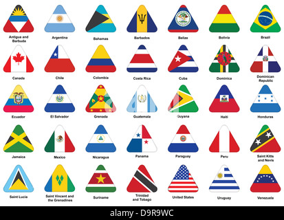 Ensemble d'icônes triangle avec drapeaux des Amériques Banque D'Images