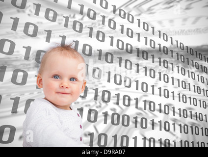 Baby sitting in front of binary codes Banque D'Images