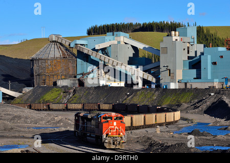 Une image d'un train de marchandises du CN étant chargés de charbon à une usine de transformation à l'ouest de l'Alberta, Canada. Banque D'Images