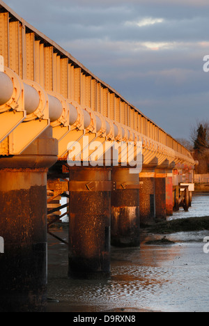 Fin d'après-midi met en lumière le passage à niveau sur la rivière Adur dans le West Sussex, Angleterre du Sud. Banque D'Images