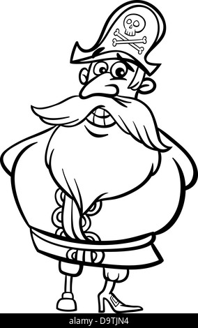 Illustration Cartoon noir et blanc de Funny Pirate ou capitaine corsaire avec Pilon et Jolly Roger pour Coloring Book Banque D'Images