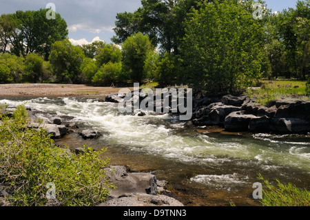 River rushes passé rocky berge. Banque D'Images