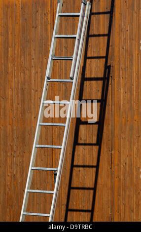 Une échelle s'appuie contre un mur en bois à Rieden, Allemagne, 18 juin 2013. Photo : Karl Josef OPIM Banque D'Images