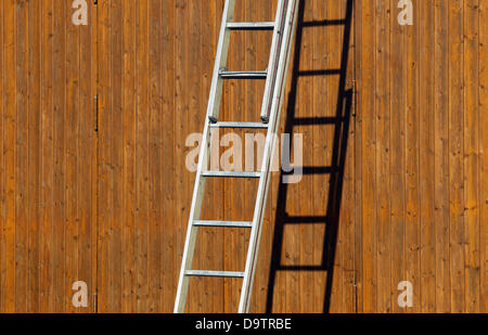 Une échelle s'appuie contre un mur en bois à Rieden, Allemagne, 18 juin 2013. Photo : Karl Josef OPIM Banque D'Images