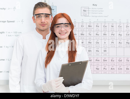 Close-up of young caucasian man and woman habillés en uniformes blancs et permanent sourire ; tableau périodique en arrière-plan Banque D'Images