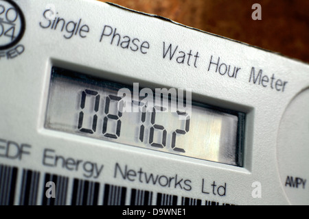 Close up d'un compteur d'électricité dans une maison, montrant le nombre de watts d'électricité utilisée. Banque D'Images