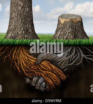 Problèmes de partenariat rompu comme deux arbres avec des racines en forme de poignée d'affaires avec un arbre coupé et la pourriture des racines en tant que conception de la perte ou du contrat annulé et partenaire de désaccord. Banque D'Images