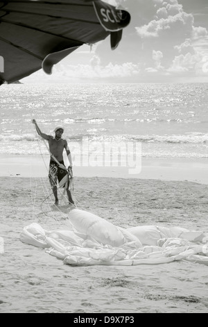 PATONG Beach, Phuket, Thaïlande 23 AOÛT 2011 : un opérateur paravoile roule un auvent après un tour. Banque D'Images