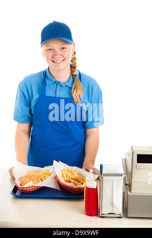 Travailleur adolescent sert repas dans un fast-food. Fond blanc Banque D'Images