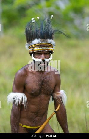 Les gens de la tribu Dani combats traditionnelle sur la danse, Novembre 14, 2008 près de Wamena, Papouasie, Indonésie. Banque D'Images