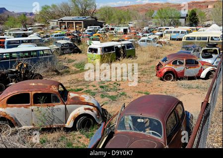 Parc à ferrailles plein de voitures et camionnettes Volkswagen. Près de Moab, Utah, USA. Banque D'Images