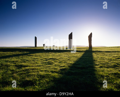 Pierres de Stenness Stone Circle et le henge, Orcades, en Écosse continentale : silhouetté par soleil tôt le matin en Juin Banque D'Images