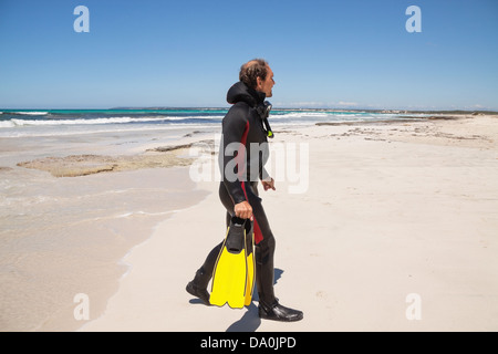 Plongeur mâle avec combinaison de plongée palmes de plongée sur la plage en été Banque D'Images