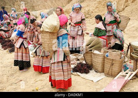 Habillés de couleurs vives les femmes Hmong fleurs au marché de Bac Ha, au Vietnam, en Asie du sud-est Banque D'Images