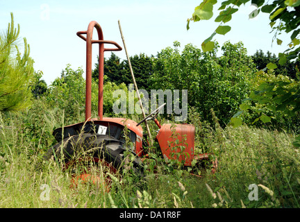 Tracteur agricole désaffecté parmi l'herbe envahi Banque D'Images