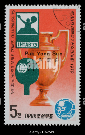 La CORÉE DU NORD - circa 1979 : timbre imprimé par la Corée du Nord montre Championnat du Monde de tennis de table à Pyongyang, circa 1979 Banque D'Images