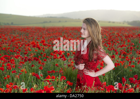 Dressedin modèle Megan joue les Dix Commandements du pavot luscious robes de soie dans un champ de coquelicots près de Brighton, UK Banque D'Images