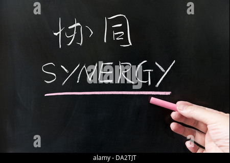 Bilingue anglais et chinois du mot synergie écrit sur tableau noir Banque D'Images