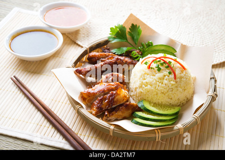 Riz au poulet Hainan close-up. La cuisine asiatique. Banque D'Images