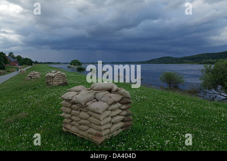 Des sacs de sable sur la digue à marée haute, l'Elbe, près de Tespe, Basse-Saxe, Allemagne Banque D'Images