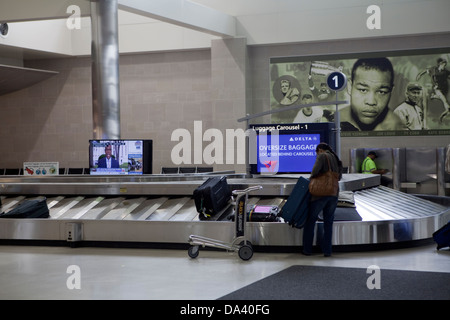 Une dame à ramasser ses bagages au carrousel des bagages le Detroit Metropolitan Wayne County Airport' Terminal MacNamara Banque D'Images