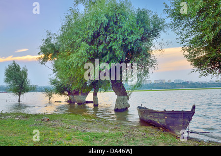 Voile sur le Danube dans l'heure d'été Banque D'Images