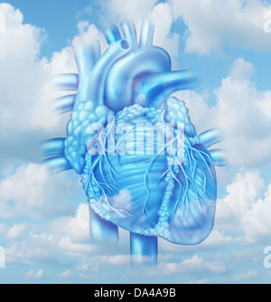 Heart health medical concept avec une partie du corps de l'appareil cardiovasculaire une personne en bonne santé sur un fond de ciel comme un symbole médical Banque D'Images