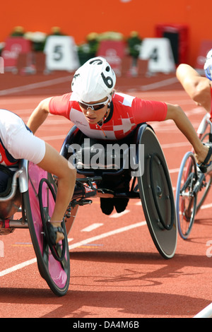 Patricia Keller (Suisse) dans le womens (T53/T53) à 1500 mètres en fauteuil roulant le Sainsbury's finale du Grand Prix d'athlétisme de l'IPC Banque D'Images