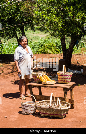 Membre du groupe ethnique en guarani Xapeco Réserve indienne et quelques exemples de ses travaux d'artisanat. Banque D'Images