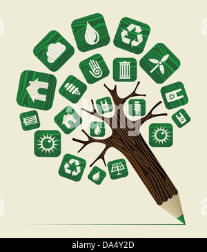L'éducation à l'environnement durable crayon concept arbre. Couches d'illustration vectorielle pour une manipulation facile et coloris. Banque D'Images