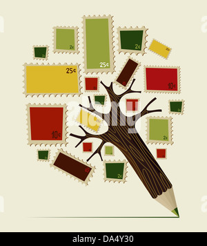 Timbres colorés icons set dans arbre crayon idée. Couches d'illustration vectorielle pour une manipulation facile et coloris. Banque D'Images