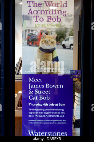 Londres, Royaume-Uni. Le 04 juillet, 2013. James Bowen et son musicien ambulant Street chat nommé Bob a lancé son troisième livre ce soir à Londres. Ils espèrent que le monde Selon Bob va répéter le succès de leur première qui s'est vendu à plus de 700 000 exemplaires au Royaume-Uni et est aujourd'hui publiée dans le monde. Il y avait une longue file d'attente à l'extérieur de Waterstone's à Islington pour rencontrer le célèbre duo et obtenir des exemplaires signés. Crédit : Jeffrey Blackler/Alamy Live News Banque D'Images