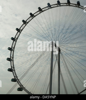 Section transversale de la Singapore Flyer comme vu de loin. Gélules contre un ciel nuageux, avec cadre de support et les fils. Banque D'Images