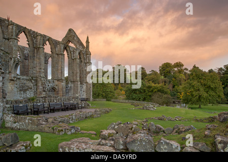 Vue de la lumière du soleil, l'ancienne et pittoresque de ruines monastiques Bolton Abbey dans belle campagne contre ciel coucher de soleil spectaculaire - Vallées du Yorkshire, England, UK. Banque D'Images