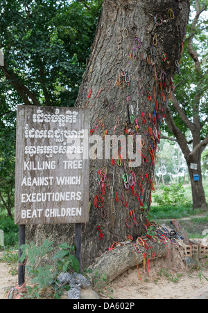 'Un arbre mort' contre lequel les bourreaux frappent les enfants, les champs de massacre à Choeung Ek, le Cambodge, l'Asie du Sud Est. Banque D'Images