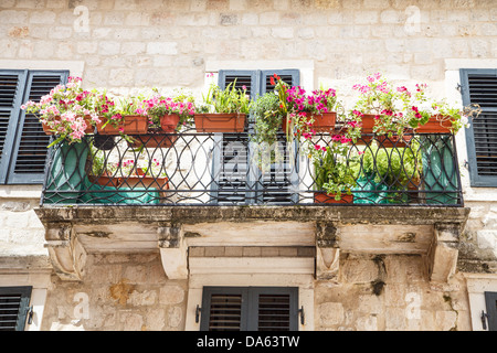 Les boîtes à fleurs sur le balcon d'un ancien bâtiment en pierre à Kotor, Monténégro Banque D'Images