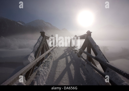 Pont, Samedan, hiver, canton, GR, Grisons, Grisons, Engadine, Engadine, pont, Haute-engadine, Suisse, Europe, river, fl Banque D'Images