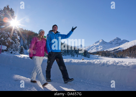 Balades d'hiver, le lac de Staz, hiver, sports d'hiver, canton, GR, Grisons, Grisons, Engadine, Engadine, Oberengadin, sentier, Wal Banque D'Images