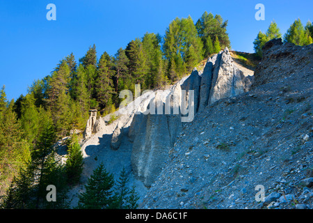 Val Sinestra, terre de pyramides, Suisse, Europe, canton des Grisons, Engadine, Grisons, Engadine, Unterengadin, pyramides, erosi Banque D'Images