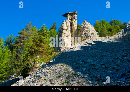 Val Sinestra, terre de pyramides, Suisse, Europe, canton des Grisons, Engadine, Grisons, Engadine, Unterengadin, pyramides, erosi Banque D'Images